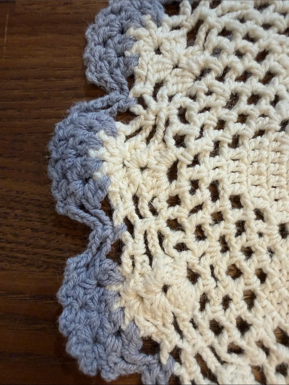 Source Unknown Crochet Doily in Cream with Lavender Edge